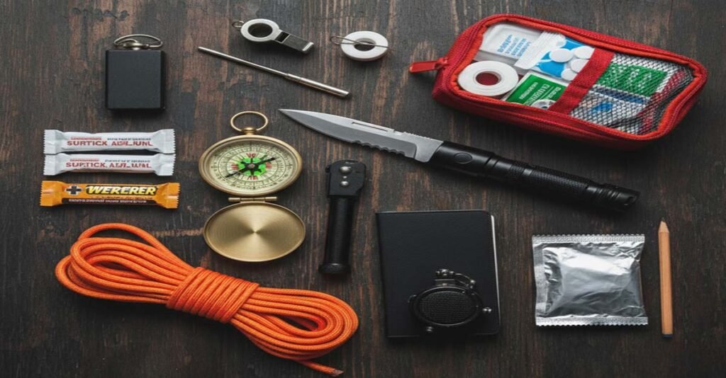 All types of survival kit essentials including LED light, compass, knife, and rope